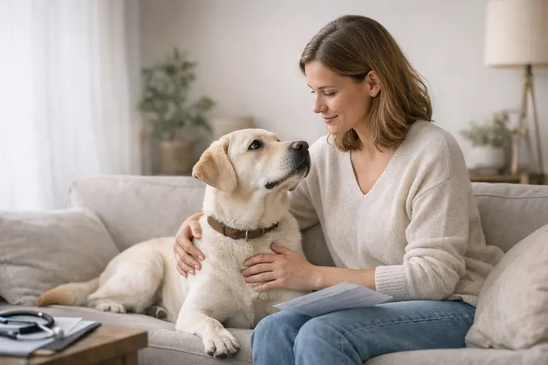 Hundeversicherung Beratung beim Tierarzt Hund mit Tierarzt, der eine wichtige Entscheidung zur Versicherung trifft.