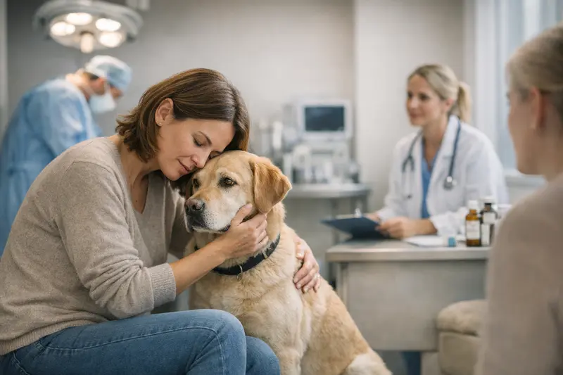 Ein Hund beim Tierarzt, der eine umfassende Untersuchung erhält, um die Unterschiede zwischen OP-Schutz und umfassender Versicherung zu verdeutlichen.