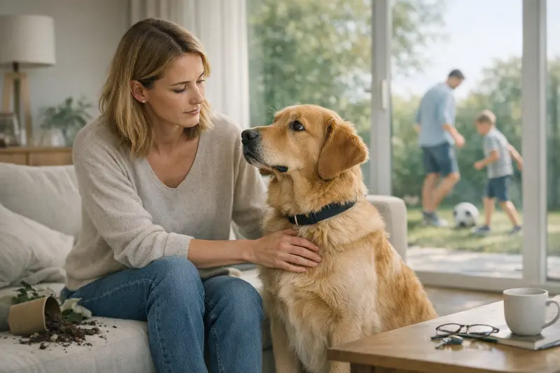 Haftpflichtversicherung für Hunde Hundehalter schaut besorgt auf Dokumente zur Haftpflichtversicherung für Hunde.