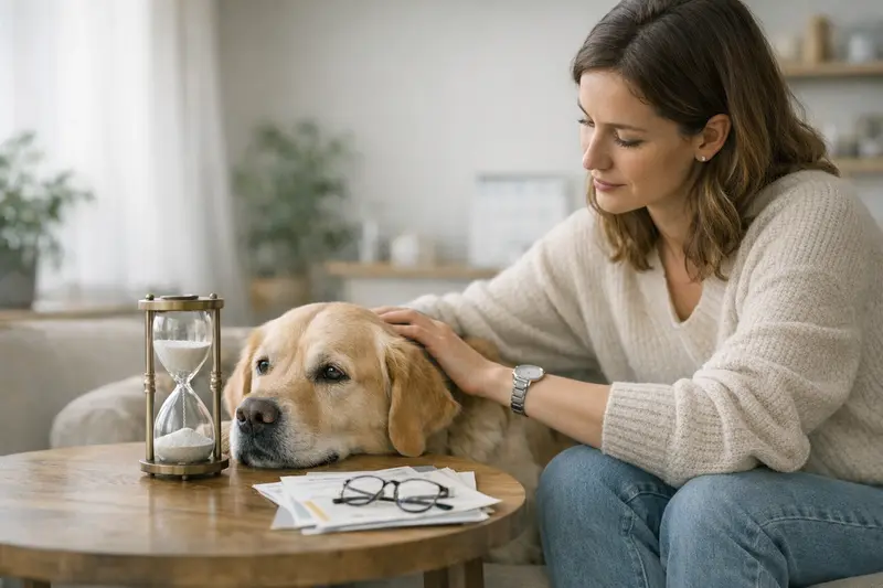 Hundehalter berät sich mit einem Tierarzt über Wartezeiten in der Hundekrankenversicherung.