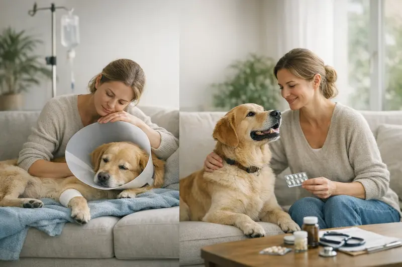 Ein Hund beim Tierarzt, während eine Infografik die Unterschiede zwischen OP-Versicherung und Krankenversicherung erklärt.