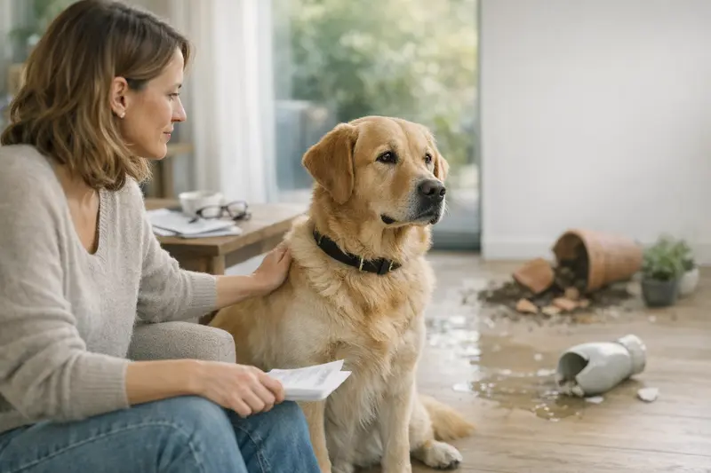 Haftpflichtversicherung für Hunde Hundewelpen mit einem vertrauenswürdigen Besitzer, der über Haftpflichtversicherung nachdenkt.