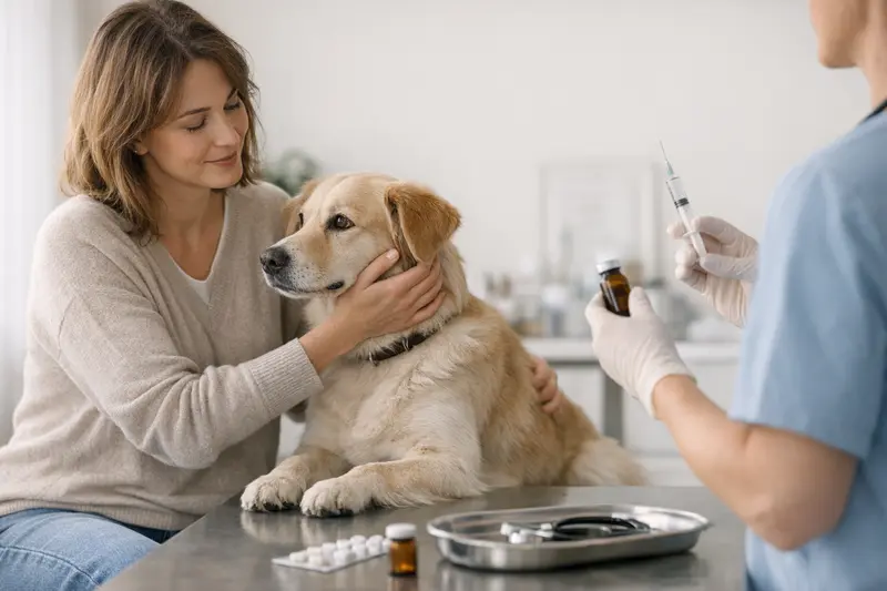 Vorsorgeleistungen in der Tierkrankenversicherung Hund beim Tierarzt, der eine Impfung durchführt, symbolisiert Vorsorgeleistungen in der Tierkrankenversicherung.
