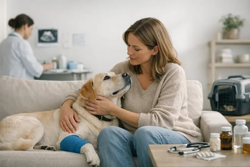 Ein Hund und ein Tierarzt besprechen die Unterschiede zwischen OP-Schutz und Krankenversicherung.