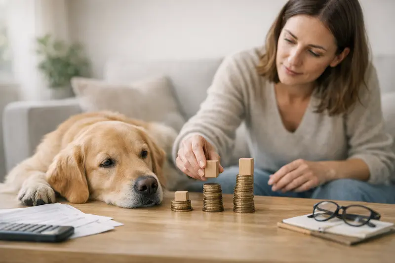 Ein Hund sitzt beim Tierarzt, bereit für eine Untersuchung, während die Haltung zu Selbstbeteiligungen besprochen wird.