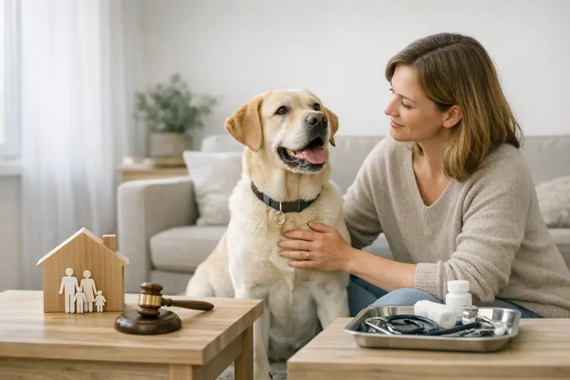 Hund mit einem Tierarzt, der die Notwendigkeit von Haftpflicht- und Krankenversicherung erklärt.