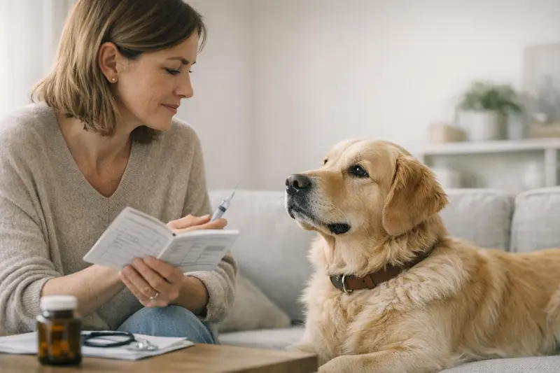 Impfung für Hunde und Vorsorgeleistungen Eine Tierärztin führt eine Impfung bei einem Hund durch.