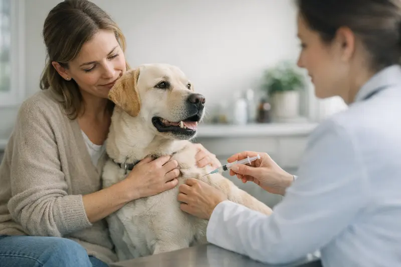 Ein Hund erhält eine tierärztliche Untersuchung zur Impfberatung, um die Wichtigkeit von Vorsorgeleistungen bei Tierkrankenversicherungen zu verdeutlichen.