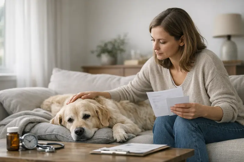 Versicherungsbedingungen für Hunde verstehen Ein Hundebesitzer betrachtet die Versicherungsbedingungen für seine vierbeinigen Freunde.