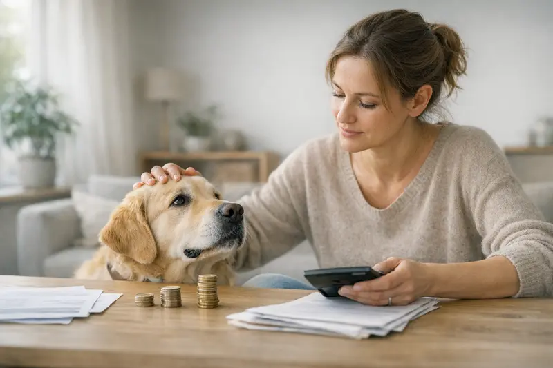 Selbstbeteiligung in der Tierkrankenversicherung Ein Hund vor einem Laptop, auf dem Informationen zur Selbstbeteiligung in der Tierkrankenversicherung angezeigt werden.