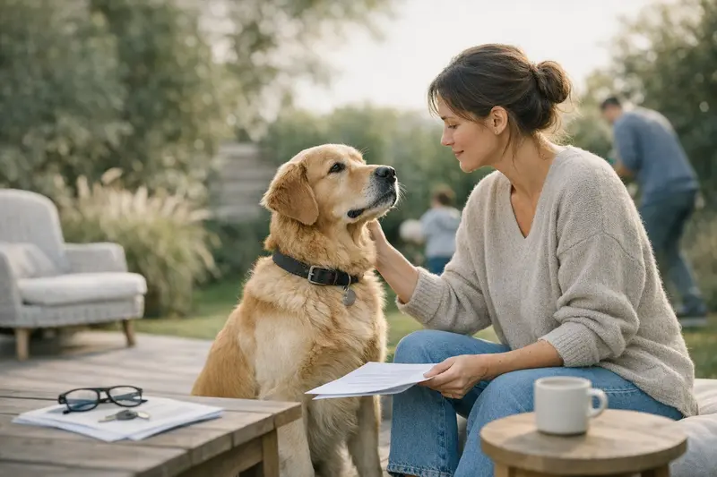 Haftpflichtversicherung für Hunde Ein glücklicher Hund mit einem Versicherungsdokument in der Nähe seines Besitzers, der sich über Haftpflichtversicherungen informiert.