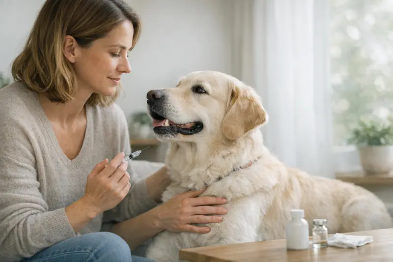 Hundeimpfung und Versicherung Ein Hund erhält eine Impfung beim Tierarzt, um die Bedeutung von Vorsorgeleistungen in einer Hundeversicherung zu verdeutlichen.