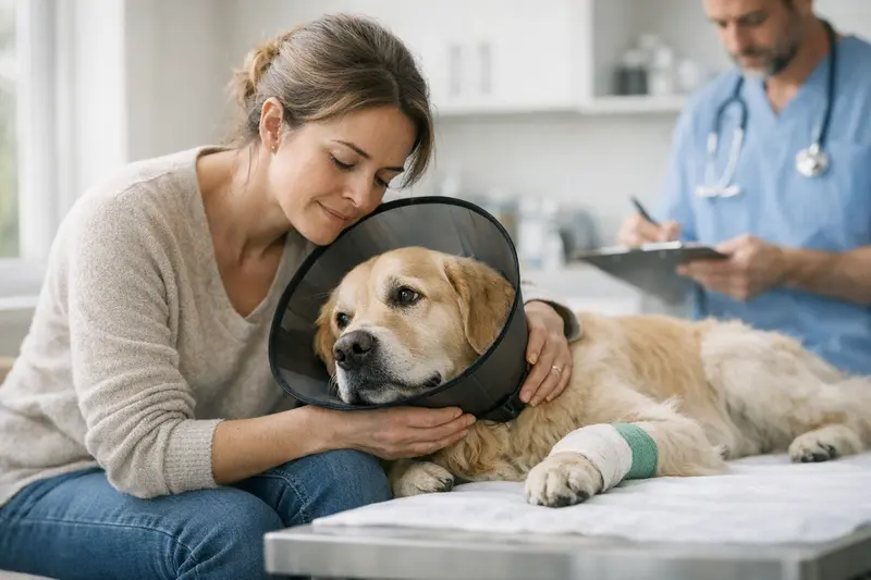 Tierarztuntersuchung nach einem Hundunfall Ein Hund wird von einem Tierarzt untersucht, um festzustellen, ob er nach einem Unfall behandelt werden muss.