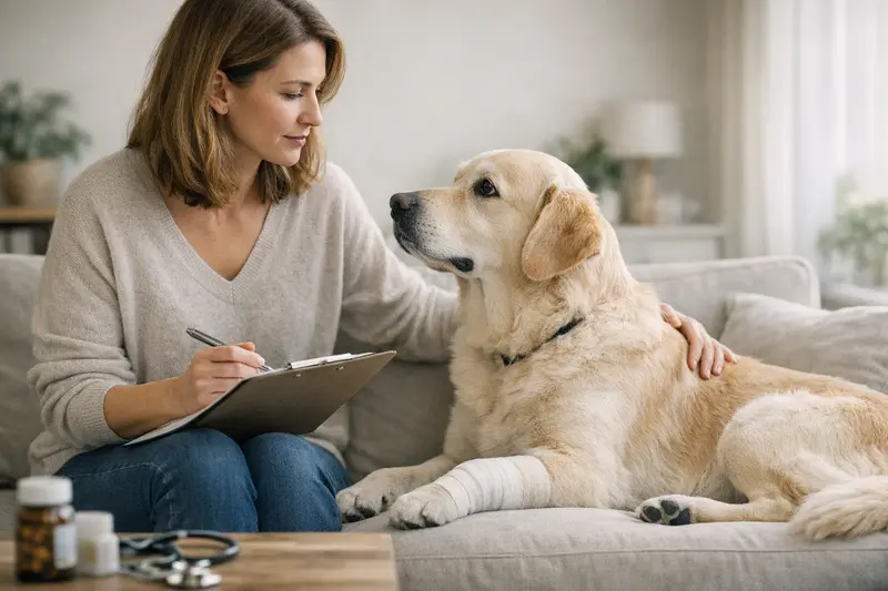 Vorerkrankungen und Hundeversicherungen Eine verantwortungsvolle Hundehalterin füllt Gesundheitsfragen zur Vorerkrankung ihres Hundes aus.