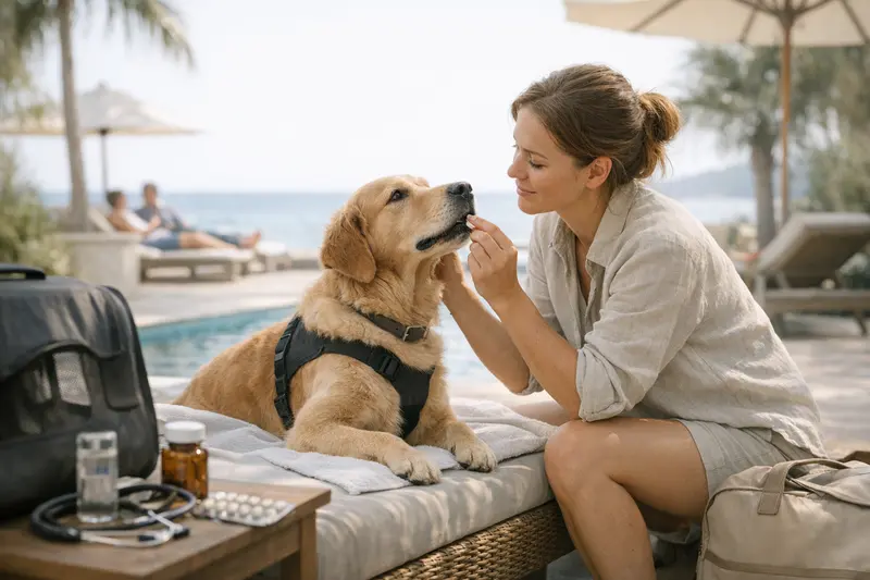 Ein Hundebesitzer informiert sich über Tierarztkosten im Urlaub.