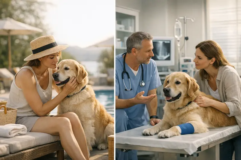 Tierarztbesuch während des Urlaubs mit Hund Hund beim Tierarzt für eine Behandlung während des Urlaubs.