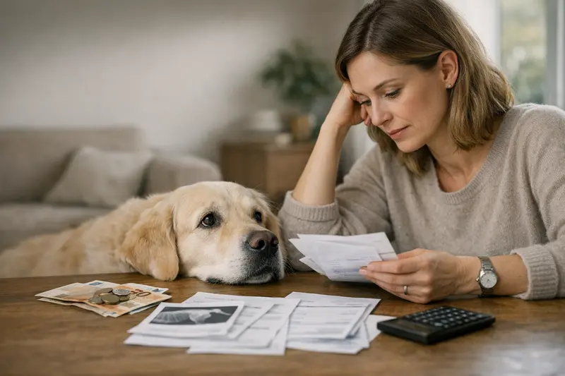 Selbstbeteiligung bei Hundeversicherung verstehen Eine Hundebesitzerin diskutiert die Selbstbeteiligung ihrer Hundeversicherung mit einem Tierarzt.