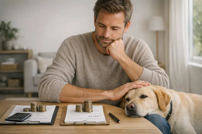 Ein Hundebesitzer überprüft die Versicherungsbedingungen für seine tierärztliche Versorgung.