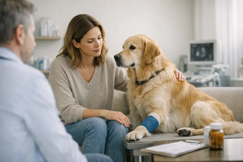 Familie beim Tierarzt mit Hund Eine glückliche Familie mit ihrem Hund beim Tierarzt, um über OP-Versicherung und Krankenversicherung zu diskutieren.