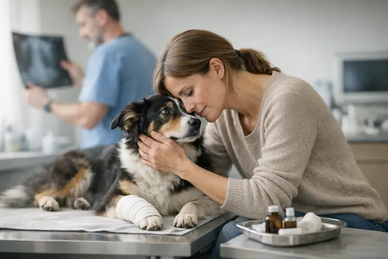 Ein Hund erhält in einer Arztpraxis erstklassige medizinische Versorgung nach einem Unfall.