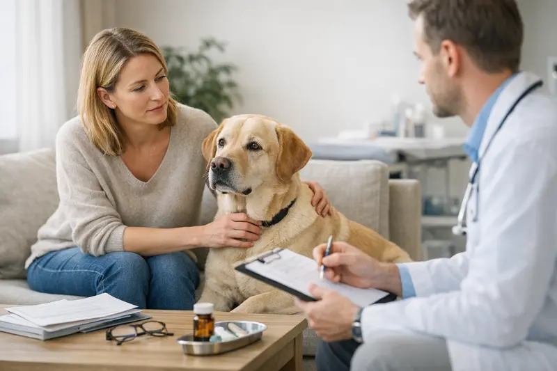 Vor- und Nachteile der Hundeversicherung Ein Hundebesitzer diskutiert die Vor- und Nachteile einer Hundeversicherung mit einem Tierarzt.