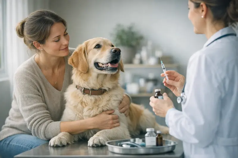 Vorsorgeleistungen in der Hundeversicherung Tierhalter mit Hund beim Tierarzt, um Impfungen und Vorsorgeleistungen zu besprechen.
