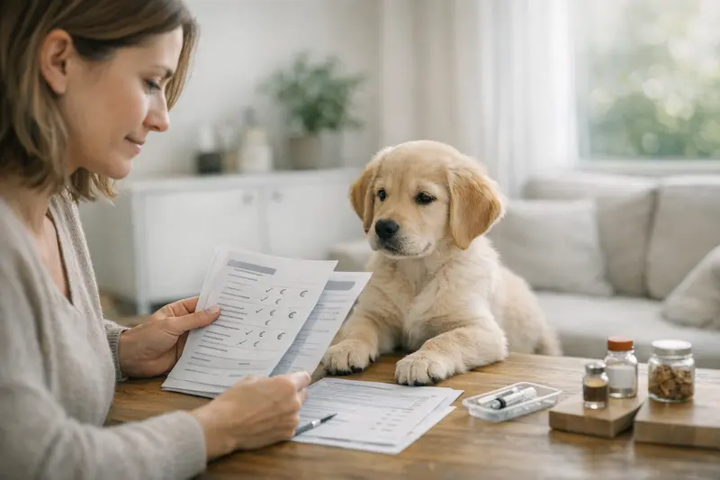 Vorsorgeleistungen für Hunde im Vergleich Hund bei einer tierärztlichen Untersuchung, um Impfungen und Vorsorgeleistungen zu besprechen.