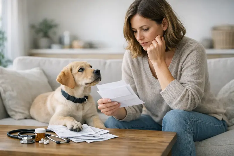 Tierarztbesuch mit Selbstbeteiligung Blick auf den Tierarzt, der einem Hund eine Untersuchung mit Selbstbeteiligung erklärt.