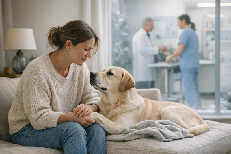 Hundeversicherung und Versicherungsschutz beim Tierarzt Illustration eines Hundes beim Tierarzt, der auf den Versicherungsschutz hinweist.
