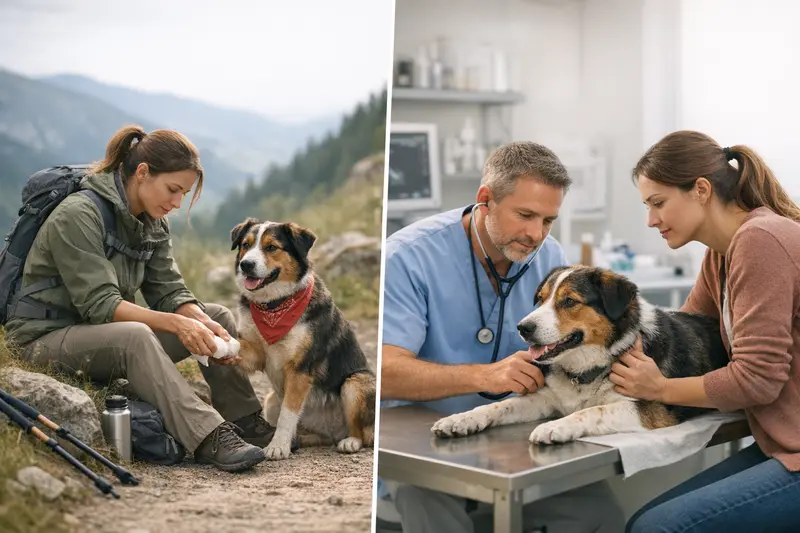 Eine glückliche Familie mit ihrem aktiven Hund während einer Wanderung in der Natur, symbolisiert die Wichtigkeit einer passenden Versicherung.