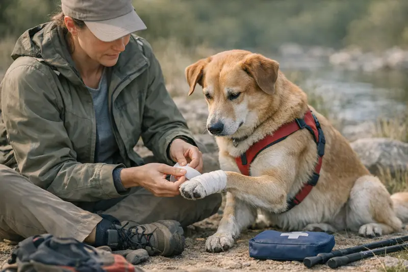 Outdoor-Verletzungen bei Hunden Ein Hund mit Verband an der Pfote nach einer Outdoor-Aktivität.