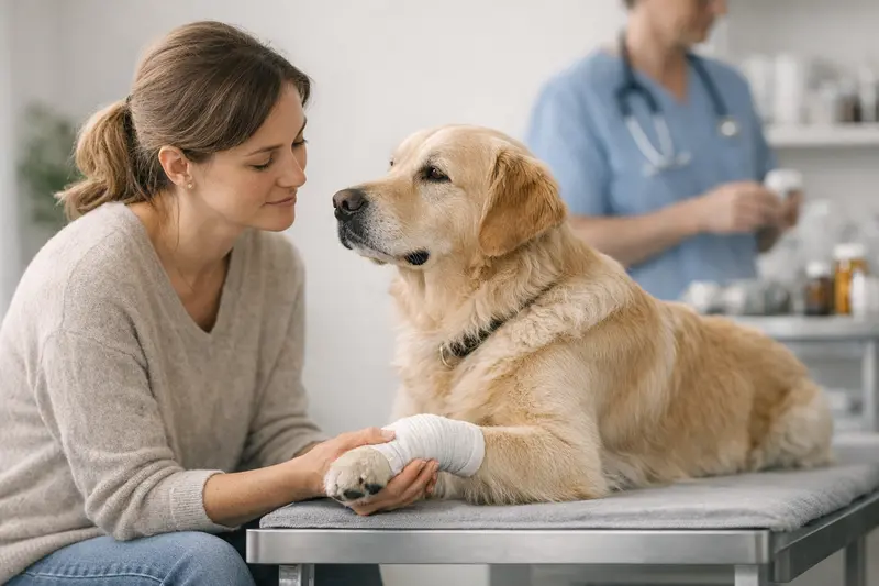 Tierarztbesuch ohne Operation für einen Hund Ein Hund bei einem Tierarztbesuch, der sich einer Untersuchung unterzieht, ohne operiert werden zu müssen.