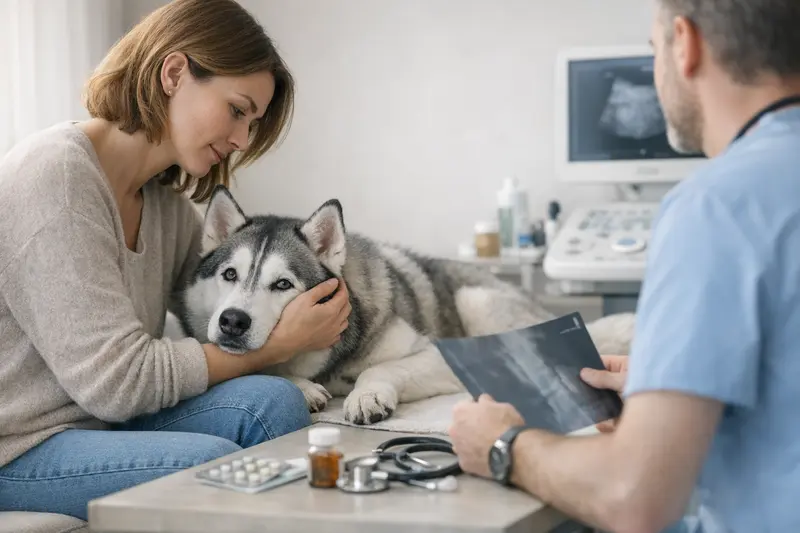 Husky beim Tierarzt Husky beim Tierarzt zur Untersuchung auf mögliche Gesundheitsrisiken.