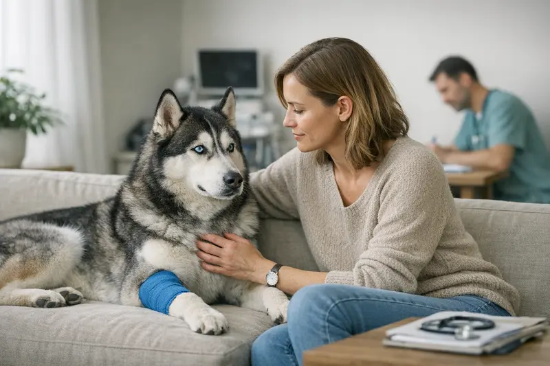 Ein Husky beim Tierarzt, der für eine Operation vorbereitet wird.