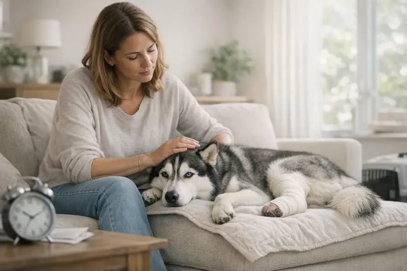 Wartezeiten in der Hundekrankenversicherung Ein Hund mit Arzt im Tierarztpraxis, während die Bedeutung von Wartezeiten für Versicherungsleistungen besprochen wird.