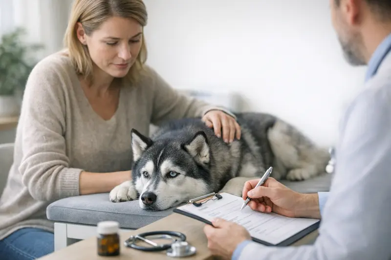 Hund mit Tierarzt zur Klärung von Vorerkrankungen Ein Hund beim Tierarzt zur Untersuchung, um Vorerkrankungen zu klären.