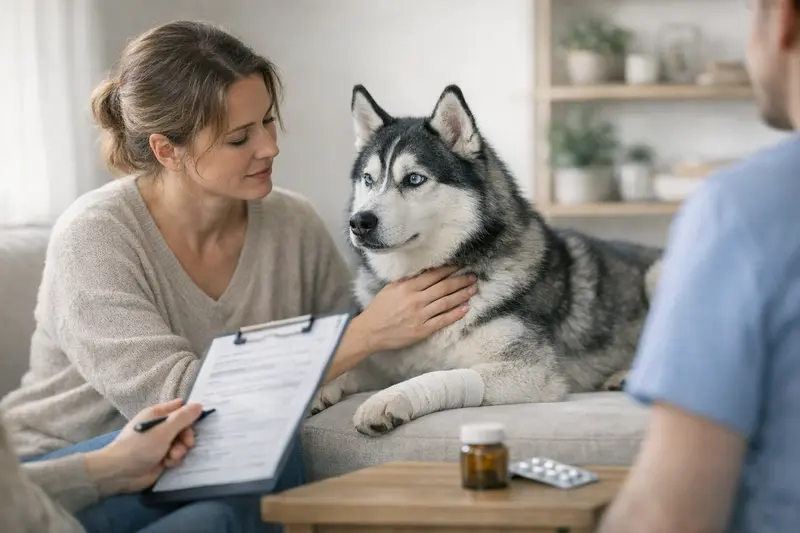 Ein Hundebesitzer bespricht mit einem Tierarzt die Vor- und Nachteile einer Hundekrankenversicherung.
