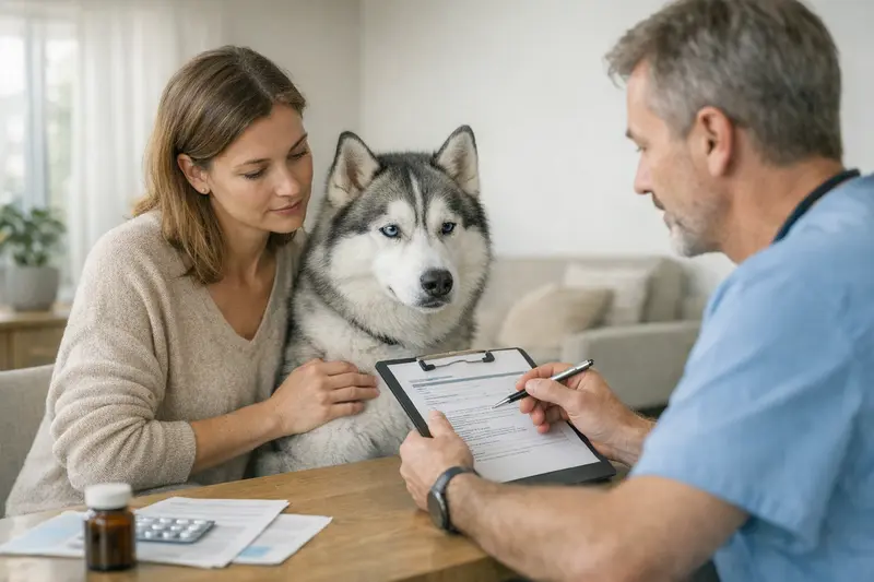 Tierärztliche Untersuchung eines Hundes Ein Hund, der beim Tierarzt untersucht wird, um mögliche Vorerkrankungen festzustellen.