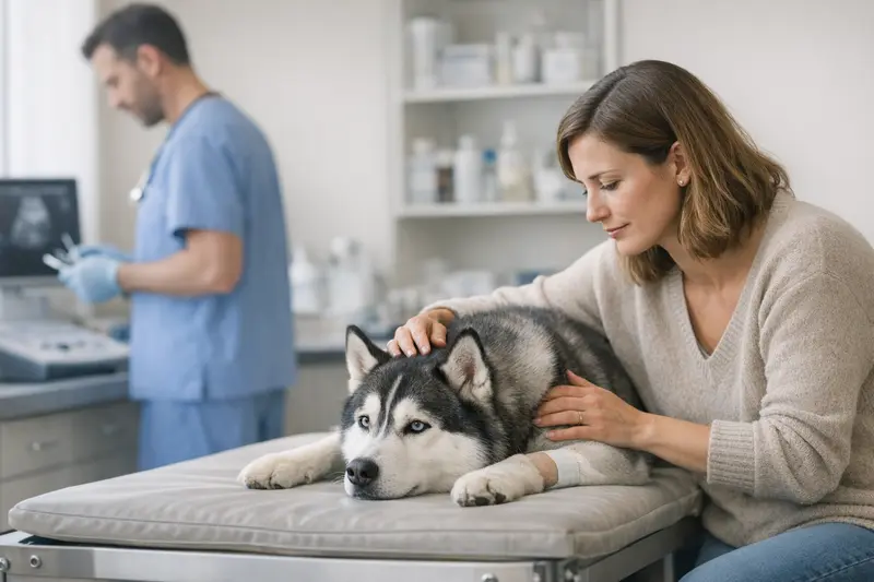 Ein Hundebesitzer, der mit seinem Hund beim Tierarzt ist und sich über die Tierarztkosten informiert.
