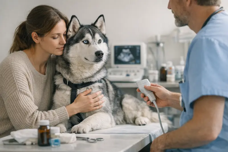 Hund beim Tierarzt Ein Hund beim Tierarzt, der eine Untersuchung erhält, um die verschlungenen Tierarztkosten zu verdeutlichen.