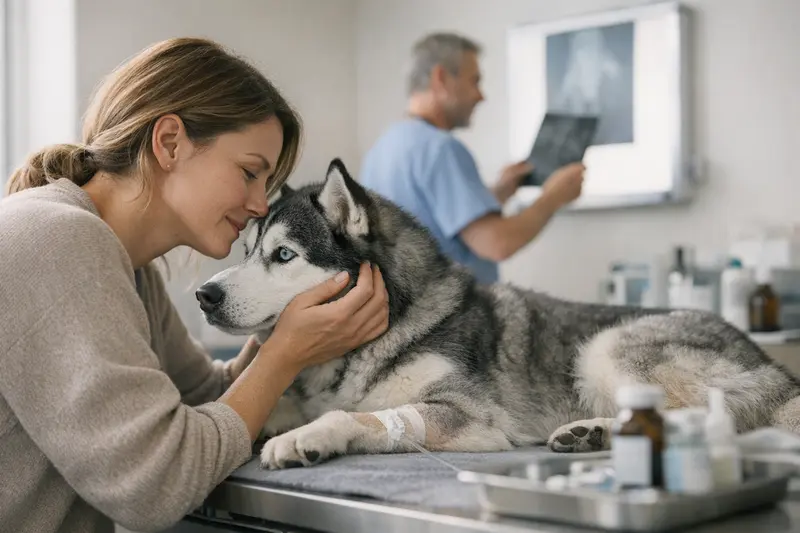 Ein Hundebesitzer, der mit seinem Chihuahua beim Tierarzt sitzt, während eine Untersuchung erfolgt.