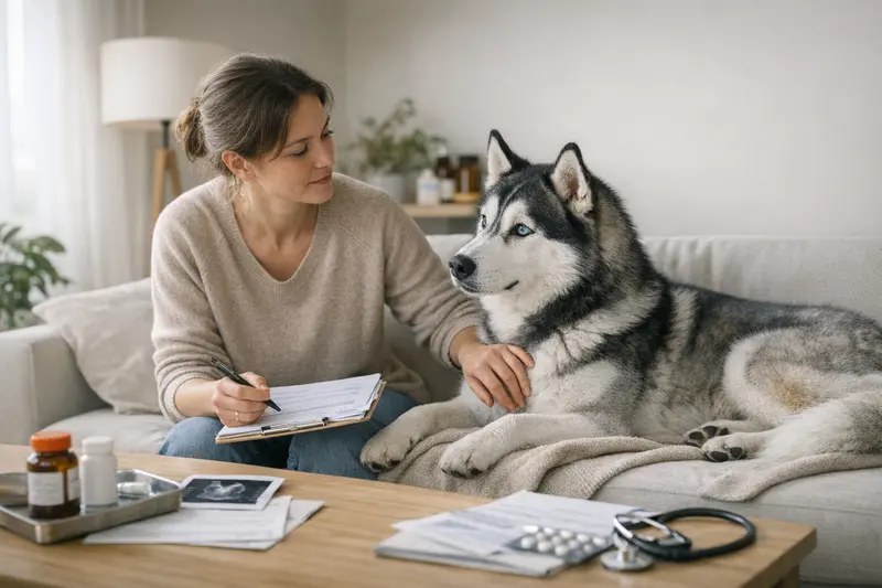 Hund beim Tierarzt und Krankenversicherungsberatung Ein Hund beim Tierarzt, während seine Besitzerin Beratung zur Krankenversicherung erhält.