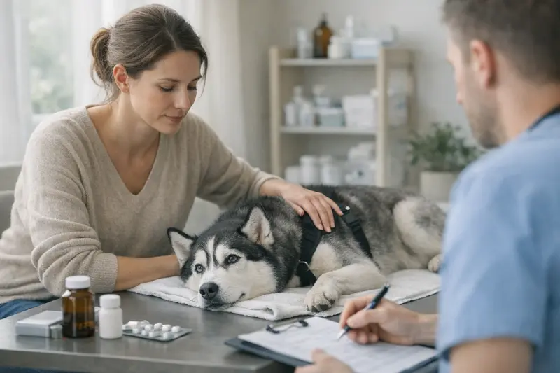 Hundekrankenversicherung Kostenoptimierung Ein Hundebesitzer diskutiert die Kosten einer Hundekrankenversicherung mit einem Tierarzt und betrachtet verschiedene Optionen.
