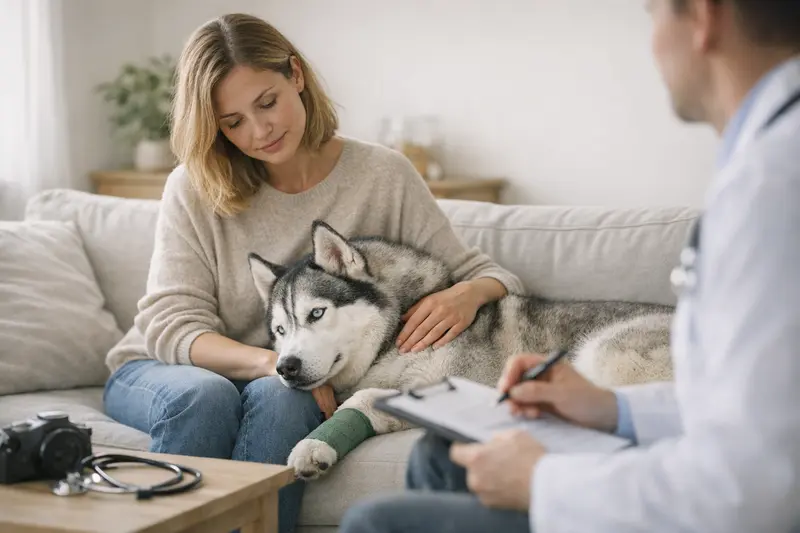 Husky beim Tierarzt Ein gesunder Siberian Husky beim Tierarzt zur Untersuchung nach einer Operation.