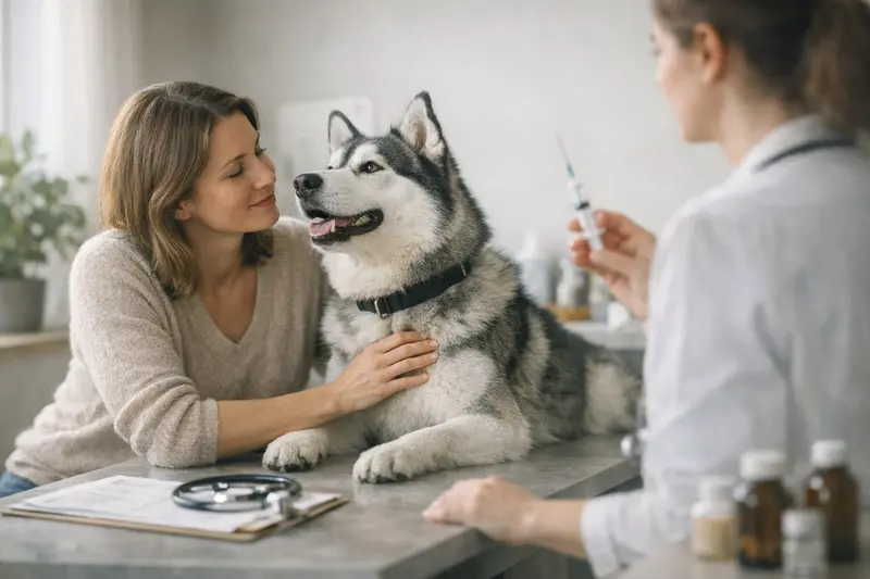 Ein Hund bei einer tierärztlichen Untersuchung zur Klärung von Vorsorgeleistungen.