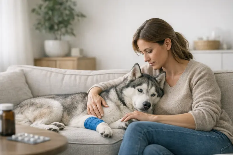 Husky Vorerkrankungen und Versicherungsschutz Ein Husky mit einer Tierärztin in einer Praxis, die über Vorerkrankungen informiert.