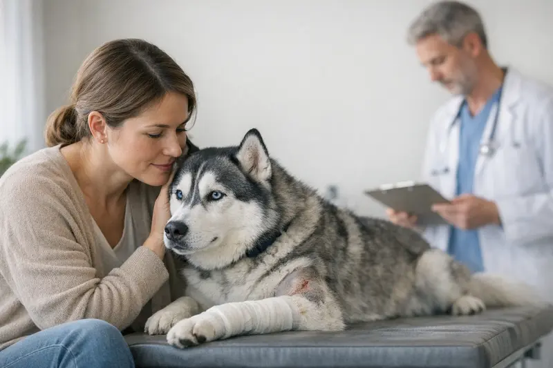 Hundeversicherung: Voruntersuchung beim Tierarzt Hundehalter mit ihrem Hund beim Tierarzt für eine Voruntersuchung zur OP-Versicherung.