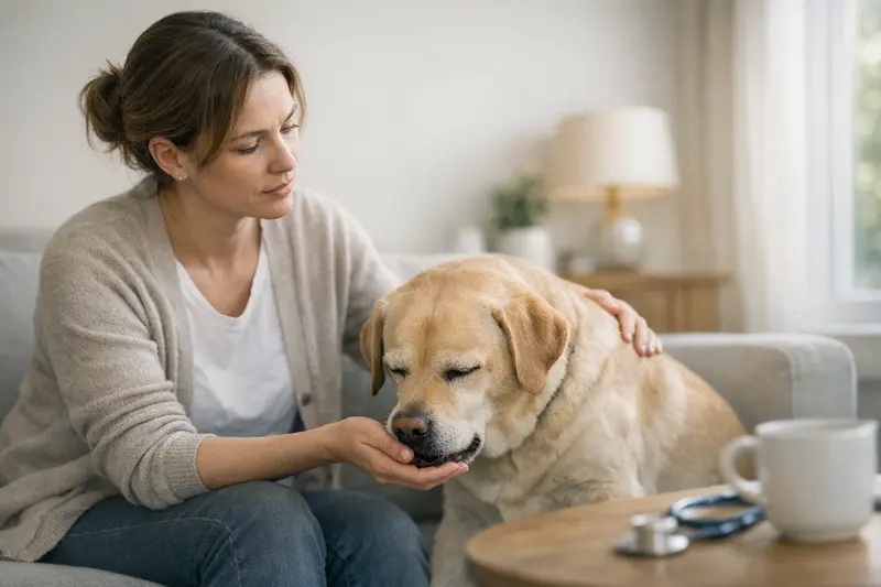 Ein Hund, der während eines Hustenanfalls einen feuchten oder trockenen Husten zeigt.
