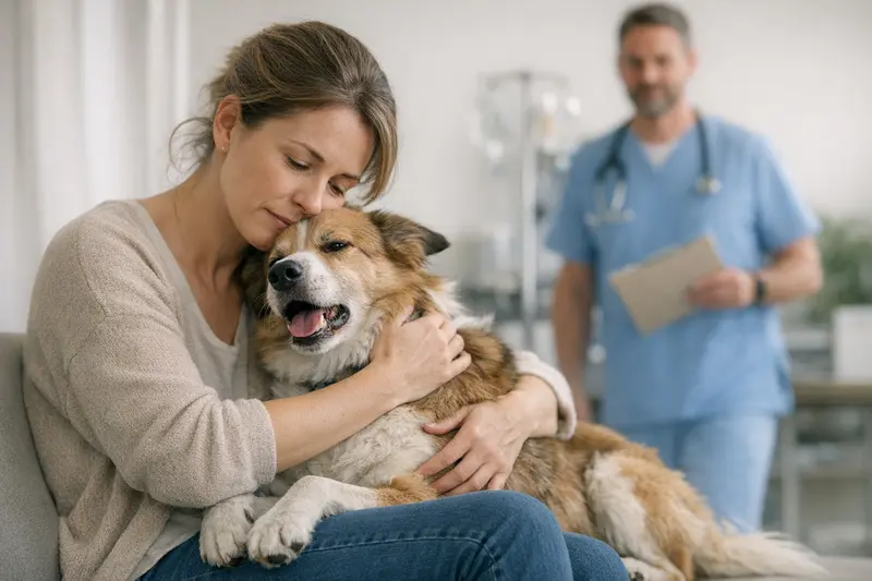 Ein Hund zeigt Anzeichen von Husten und Besorgnis.