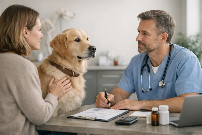 Eine Tierärztin berät einen Hundebesitzer über wichtige Aspekte beim Abschluss einer Hundekrankenversicherung.
